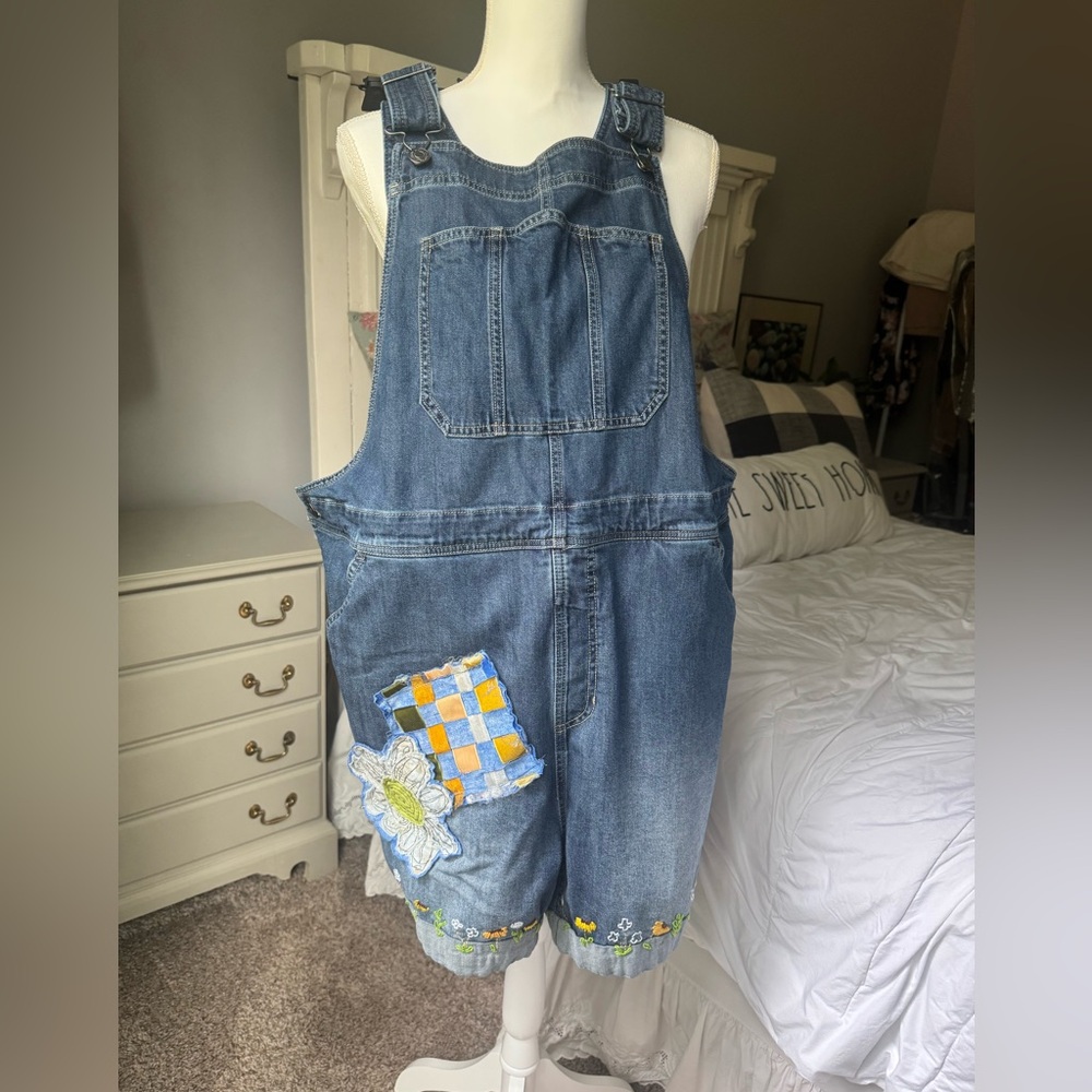 NWOT Hand Embroidered Denim Overalls with Floral Patchwork Sz XL